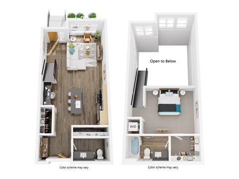 A floor plan of a small apartment with a kitchen, living room, and bathroom.